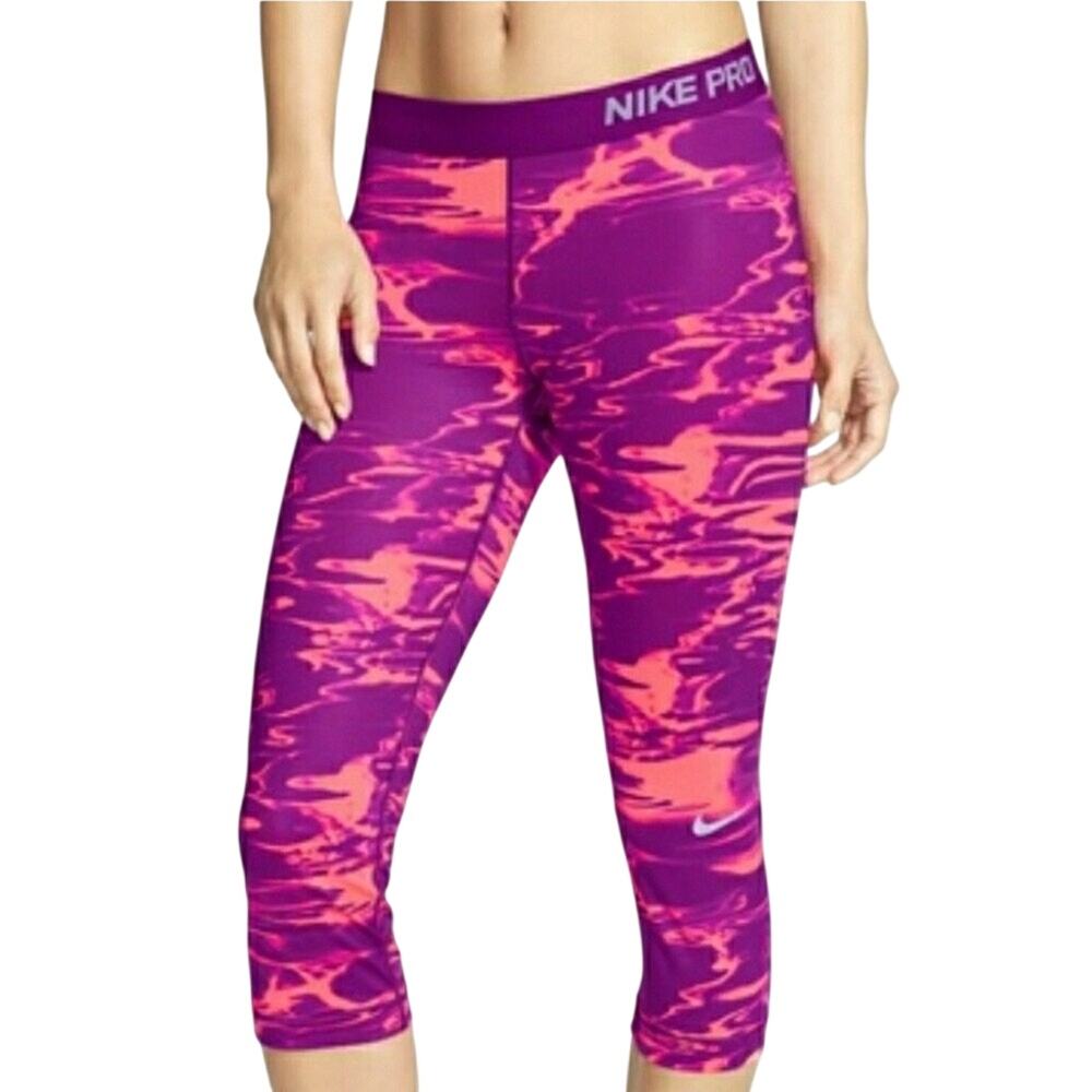 Nike Pro Core Purple Neon Coral Pool Compression Dri-Fit Capri Legging Size L